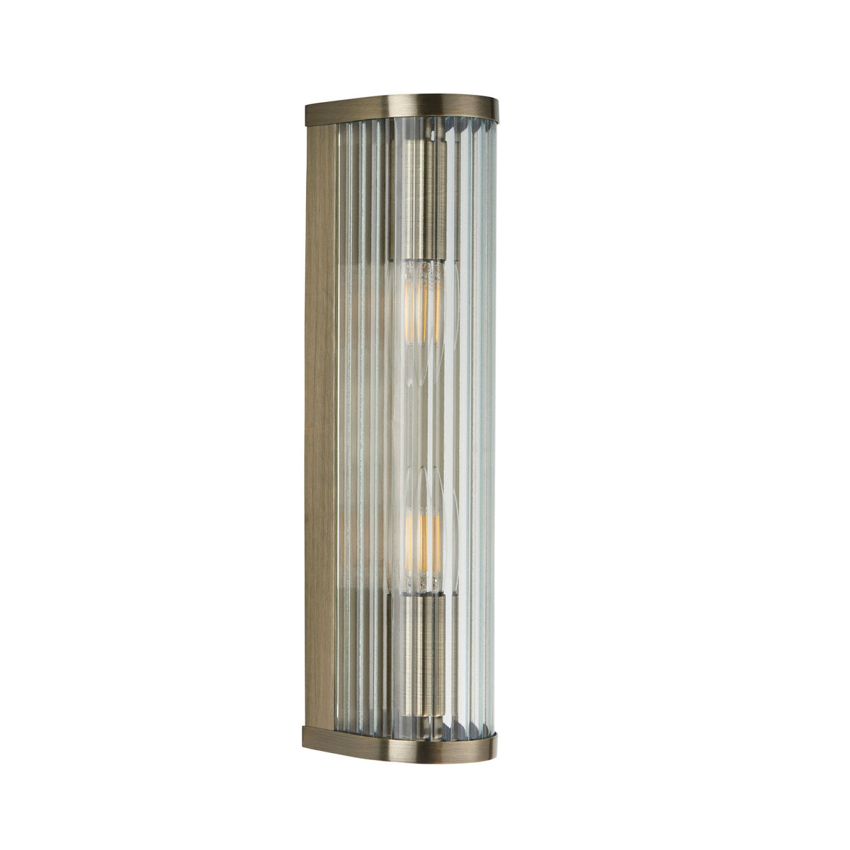 Ridgeton Twin Lamp Wall Light in Antique Brass & Clear Ribbed Glass