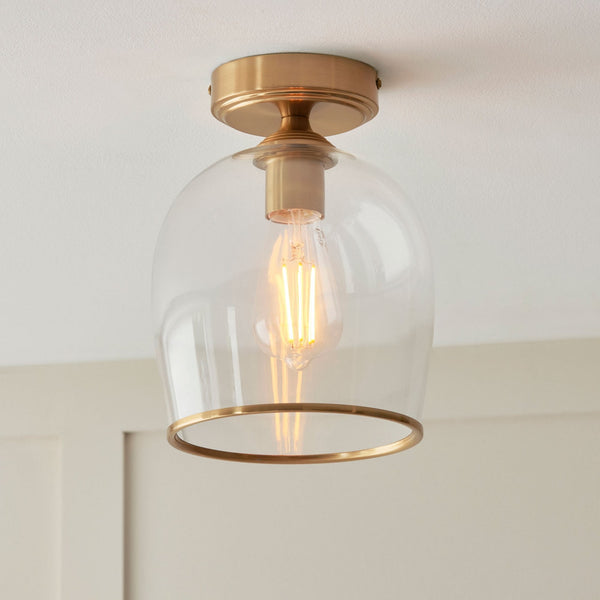 Ashcroft Flush Ceiling Light in Brushed Aged Brass & Clear Glass Shade with Metal Trim Edge