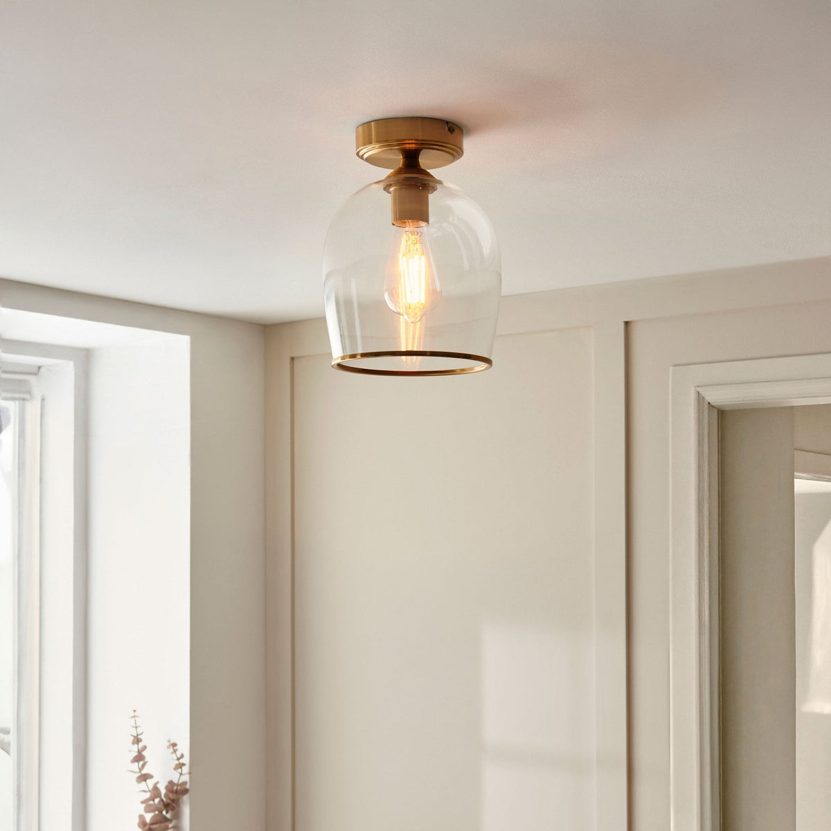 Ashcroft Flush Ceiling Light in Brushed Aged Brass & Clear Glass Shade with Metal Trim Edge