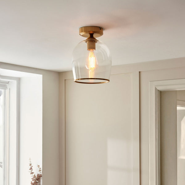 Ashcroft Flush Ceiling Light in Brushed Aged Brass & Clear Glass Shade with Metal Trim Edge