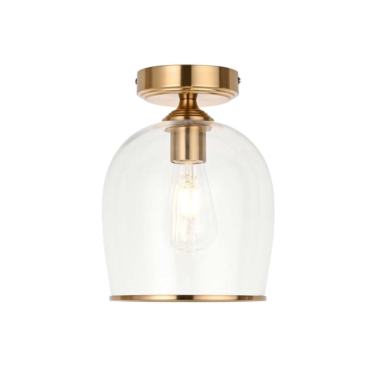 Ashcroft Flush Ceiling Light in Brushed Aged Brass & Clear Glass Shade with Metal Trim Edge