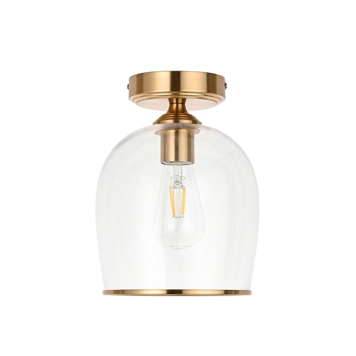 Ashcroft Flush Ceiling Light in Brushed Aged Brass & Clear Glass Shade with Metal Trim Edge