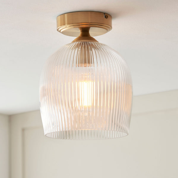 Ashcroft Flush Ceiling Light in Brushed Aged Brass & Clear Ribbed Glass Shade