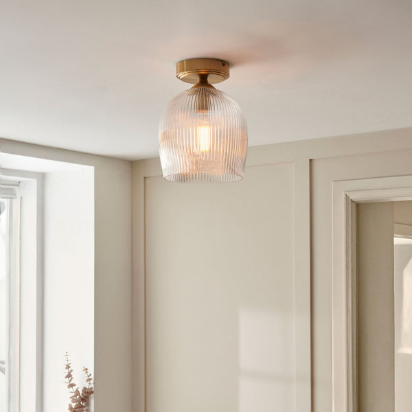 Ashcroft Flush Ceiling Light in Brushed Aged Brass & Clear Ribbed Glass Shade