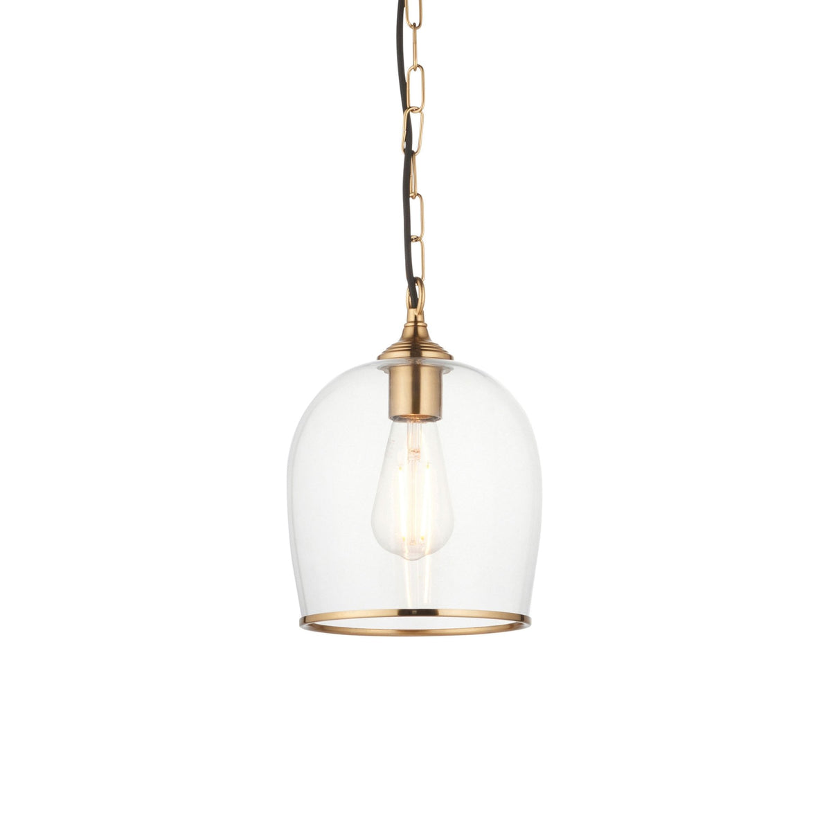 A single glass and brass pendant light with a clear bell-shaped shade and an exposed filament bulb.
