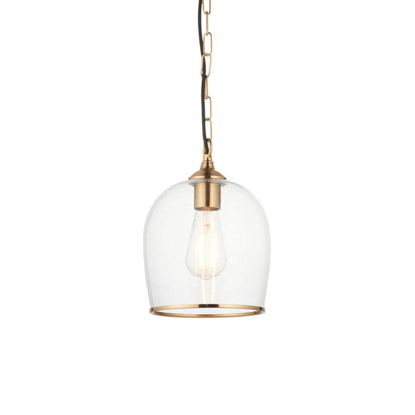 Ashcroft Single Pendant Light in Brushed Aged Brass & Clear Glass Shade with Metal Trim Edge