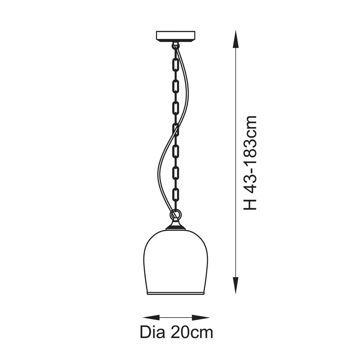 A diagram illustrating the dimensions of the pendant light, showing a height of 43-183cm and a diameter of 20cm.