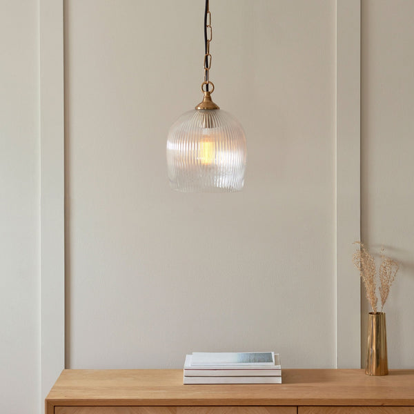 Ashcroft Single Pendant Light in Brushed Aged Brass & Clear Ribbed Glass Shade