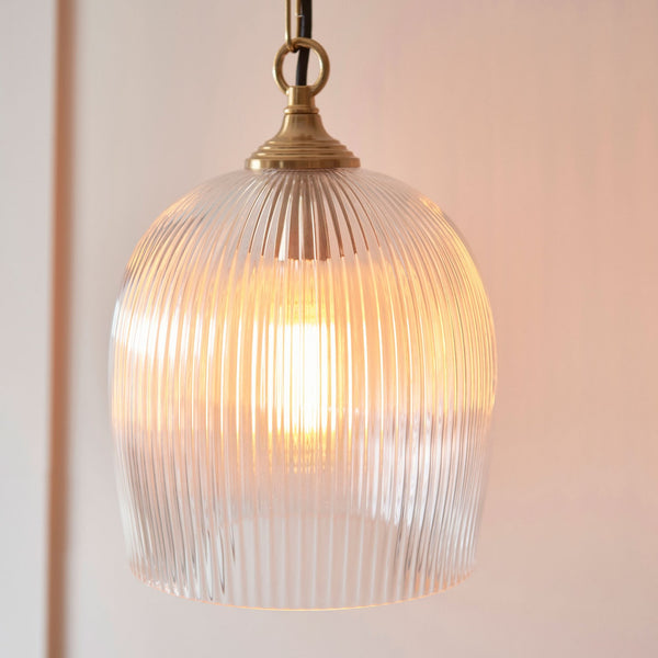 Ashcroft Single Pendant Light in Brushed Aged Brass & Clear Ribbed Glass Shade