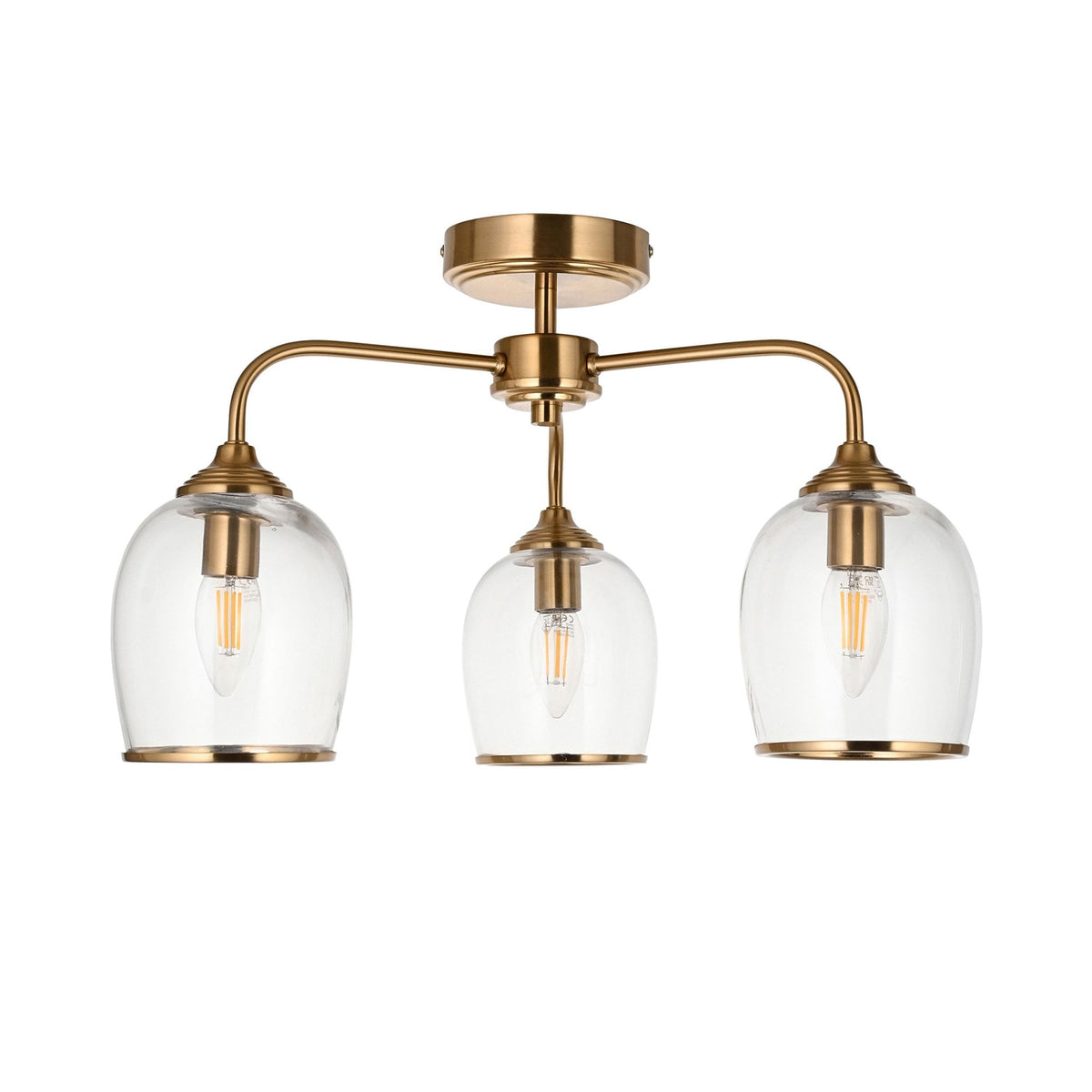 A brass three-arm ceiling light with clear glass shades and visible filament bulbs on a white background.