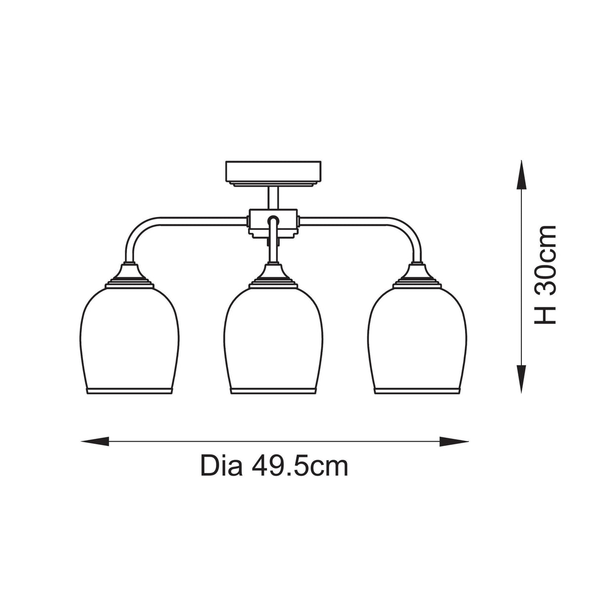 A diagram illustrating the dimensions of a three-light ceiling fixture, showing a height of 30cm and a diameter of 49.5cm.