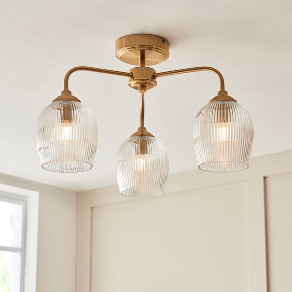 Ashcroft Three Arm Semi Flush Ceiling Light in Brushed Aged Brass & Clear Ribbed Glass Shades
