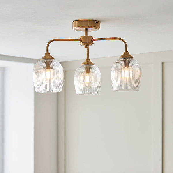 Ashcroft Three Arm Semi Flush Ceiling Light in Brushed Aged Brass & Clear Ribbed Glass Shades