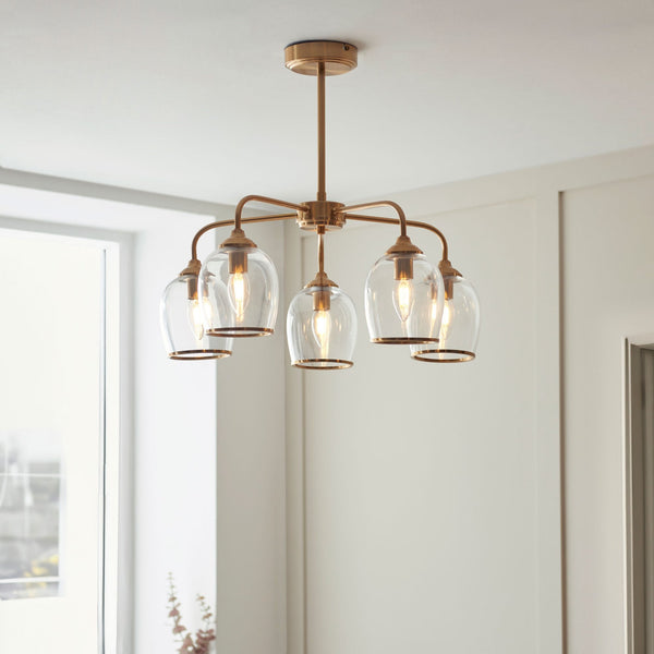 Ashcroft Five Light Pendant in Brushed Aged Brass & Clear Glass Shades with Metal Trim Edge