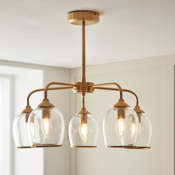 Ashcroft Five Light Pendant in Brushed Aged Brass & Clear Glass Shades with Metal Trim Edge
