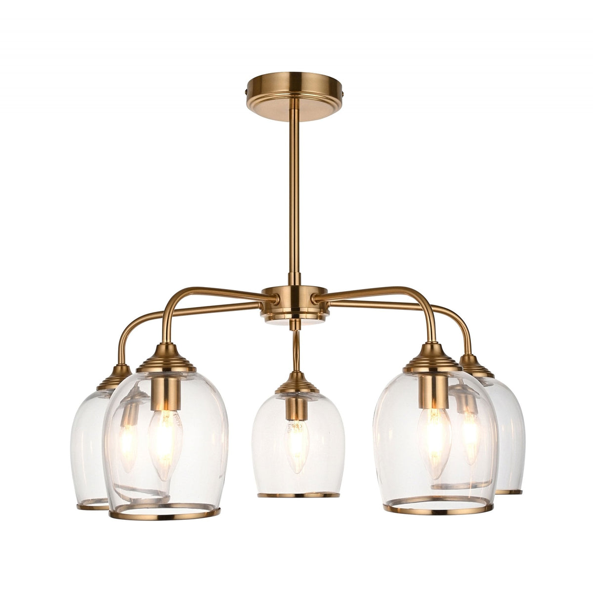 Ashcroft Five Light Pendant in Brushed Aged Brass & Clear Glass Shades with Metal Trim Edge