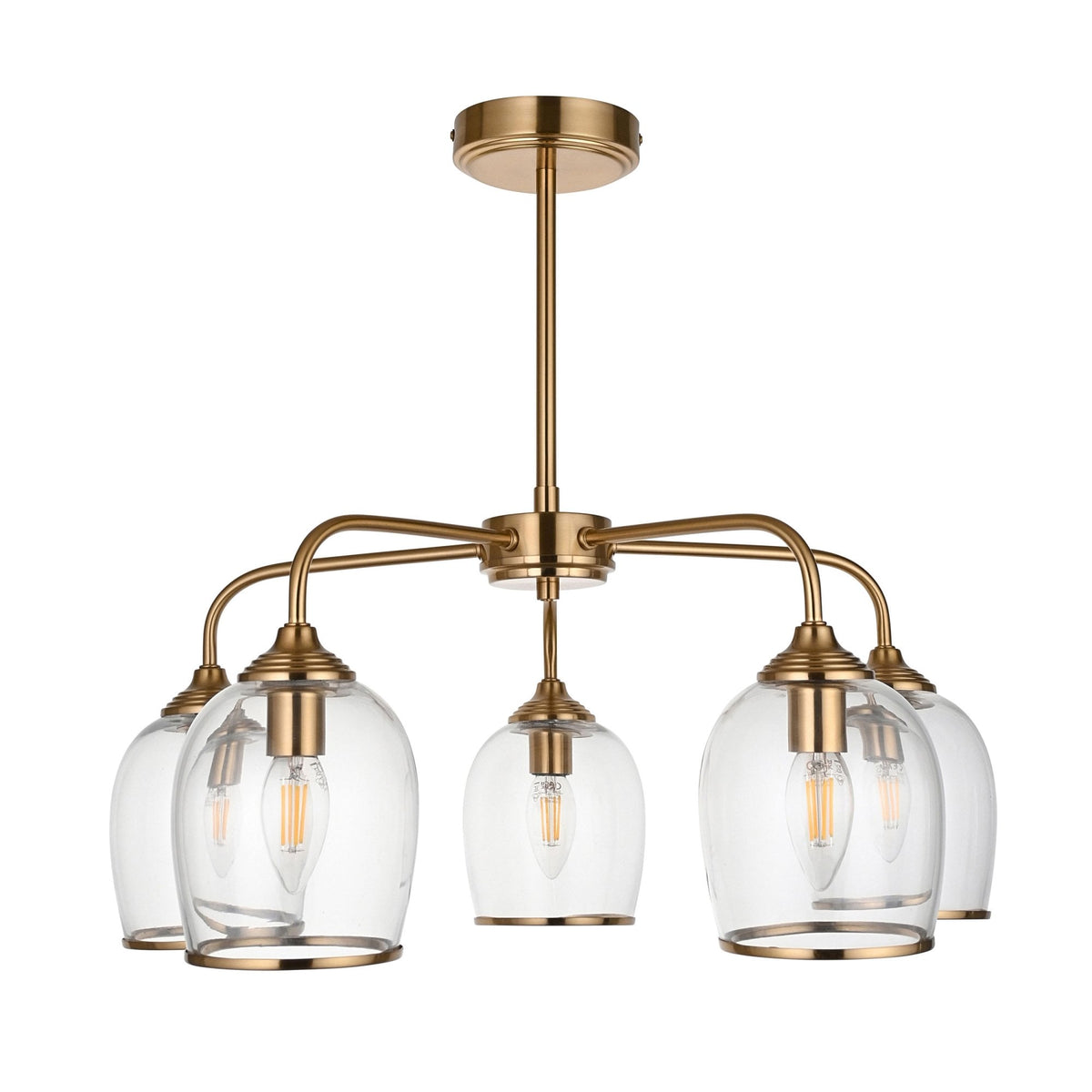 Ashcroft Five Light Pendant in Brushed Aged Brass & Clear Glass Shades with Metal Trim Edge