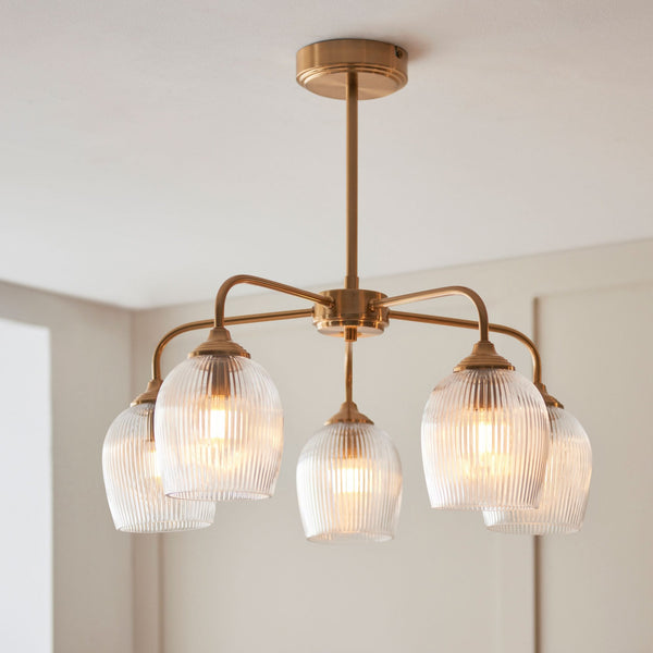 Ashcroft Five Light Pendant in Brushed Aged Brass & Clear Ribbed Glass Shades