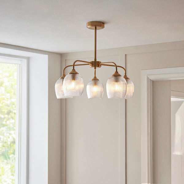 Ashcroft Five Light Pendant in Brushed Aged Brass & Clear Ribbed Glass Shades