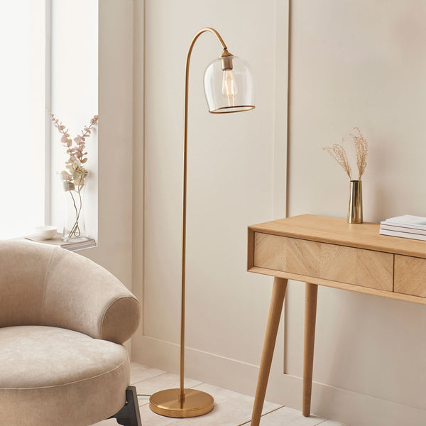 Ashcroft Floor Lamp in Brushed Aged Brass & Clear Glass Shade with Metal Trim Edge