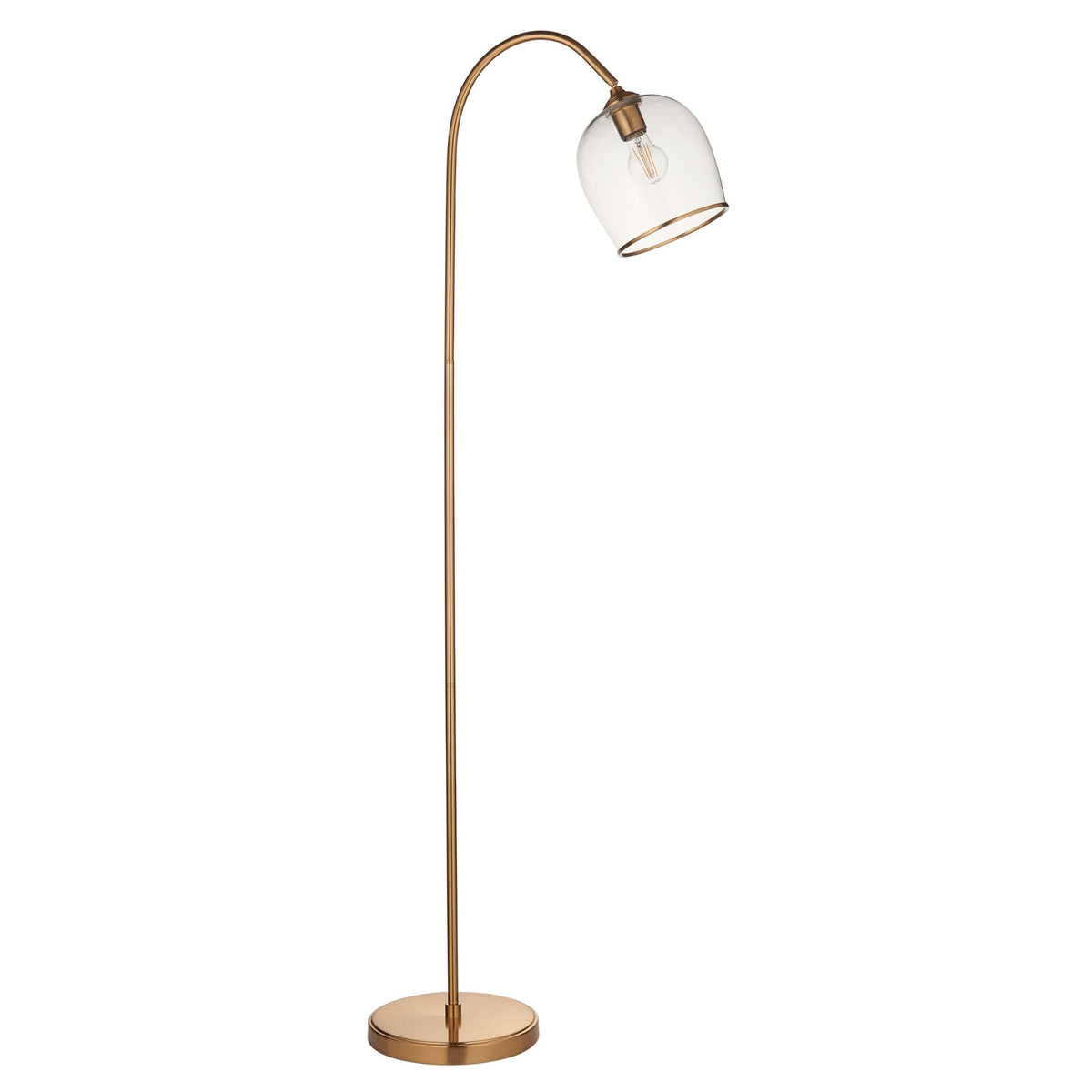 A tall, slender brass floor lamp with a curved arm and a clear glass bell-shaped shade on a white background.