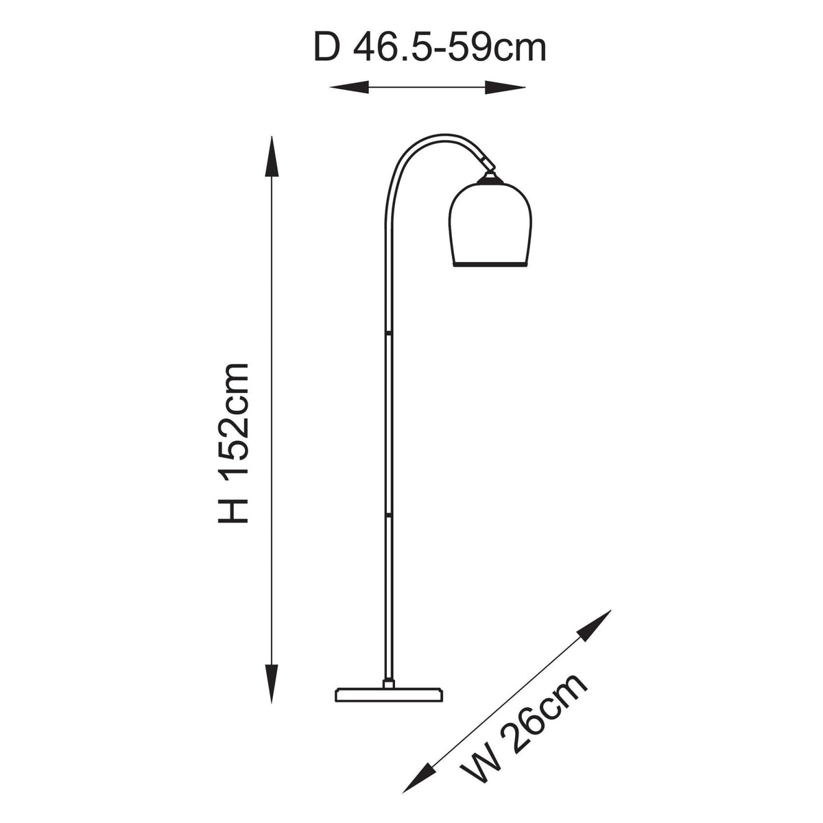 A diagram illustrating the dimensions of the floor lamp, showing height, depth, and width.