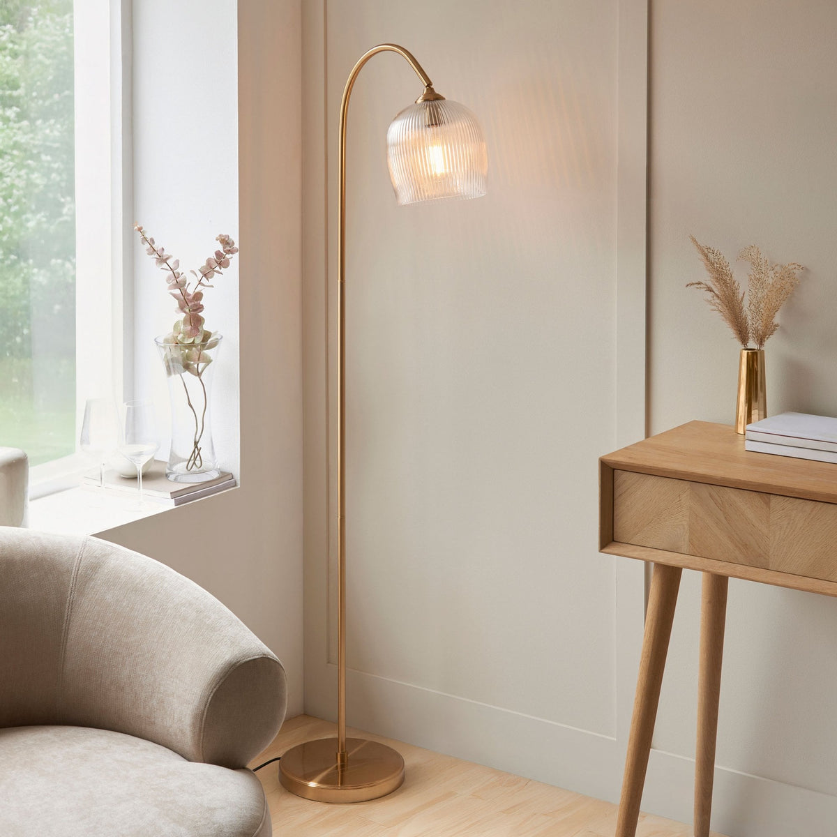 Ashcroft Floor Lamp in Brushed Aged Brass & Clear Ribbed Glass Shade