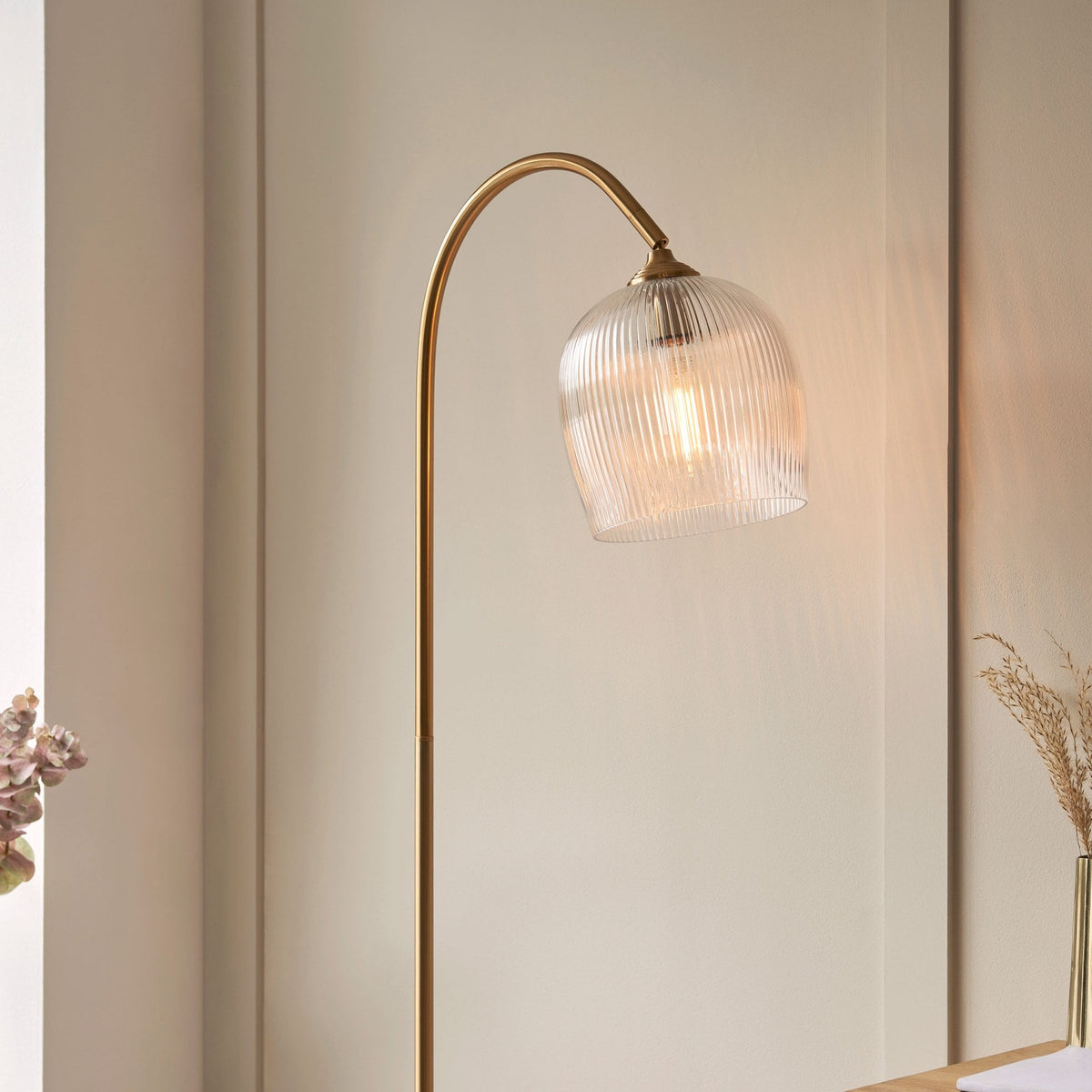 Ashcroft Floor Lamp in Brushed Aged Brass & Clear Ribbed Glass Shade