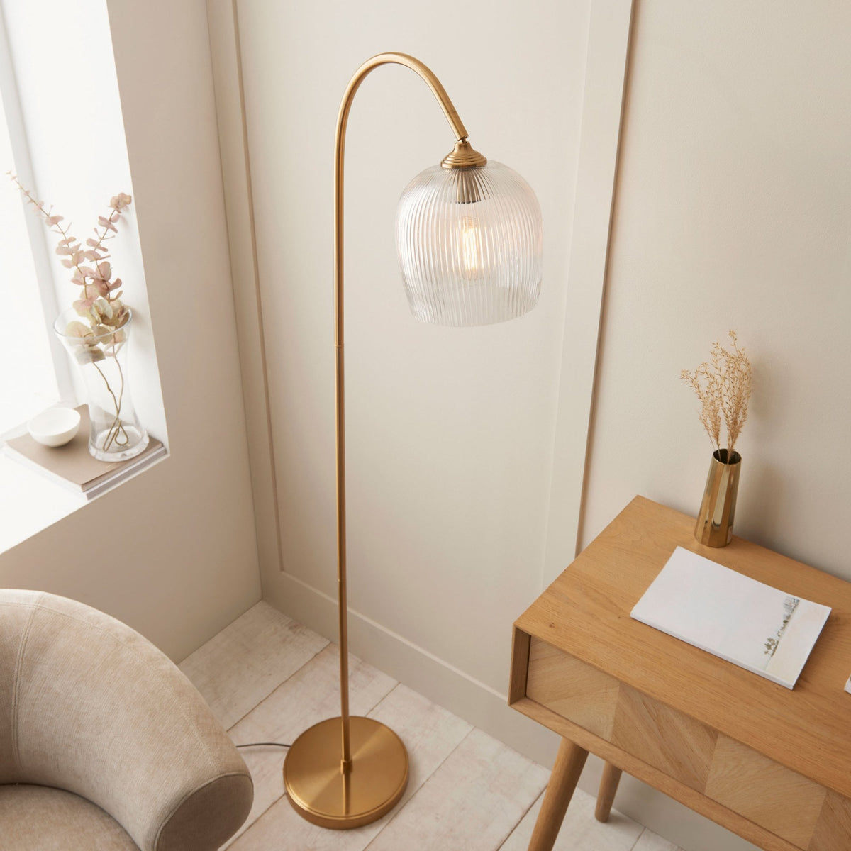 Ashcroft Floor Lamp in Brushed Aged Brass & Clear Ribbed Glass Shade