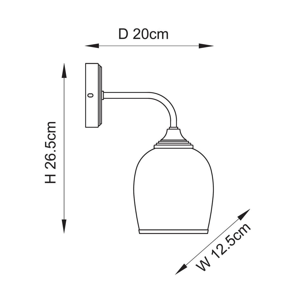 A diagram of the wall light with dimensions: height 26.5cm, depth 20cm, and width 12.5cm.