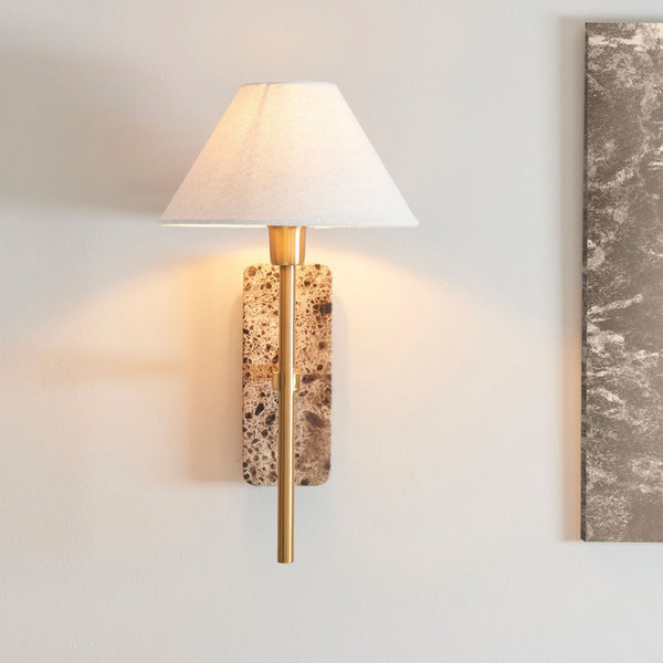 Faro Wall Light in Vintage Brass & Emperador Brown Marble with Tapered Fabric Shade