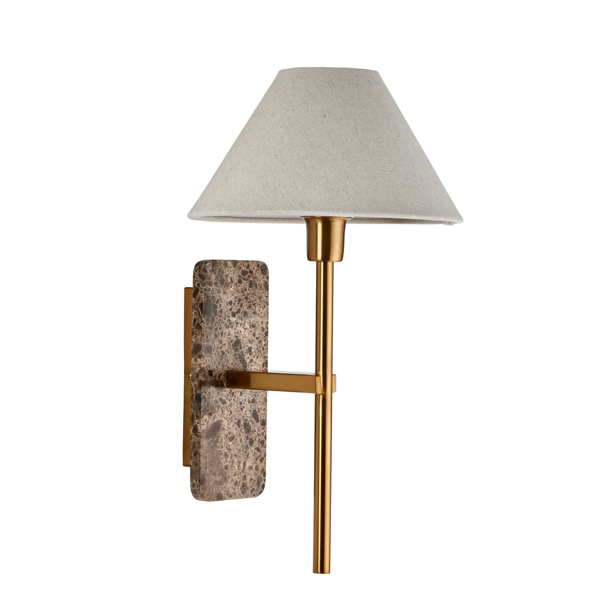 Faro Wall Light in Vintage Brass & Emperador Brown Marble with Tapered Fabric Shade