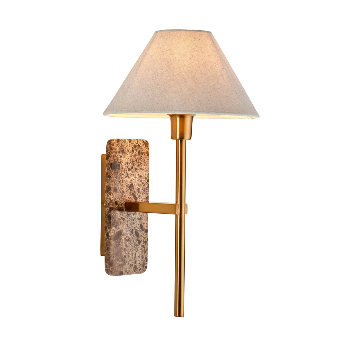 Faro Wall Light in Vintage Brass & Emperador Brown Marble with Tapered Fabric Shade