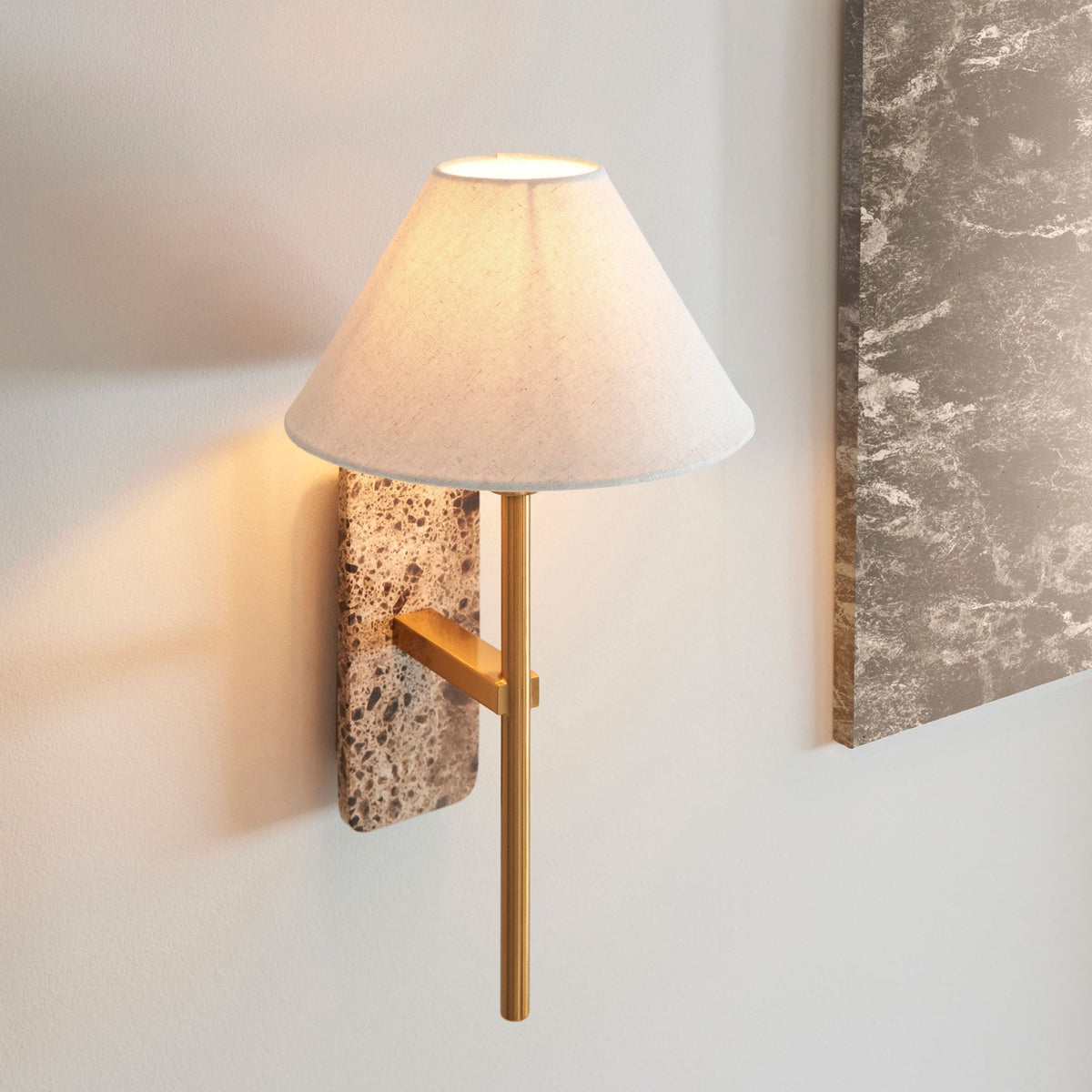 Faro Wall Light in Vintage Brass & Emperador Brown Marble with Tapered Fabric Shade