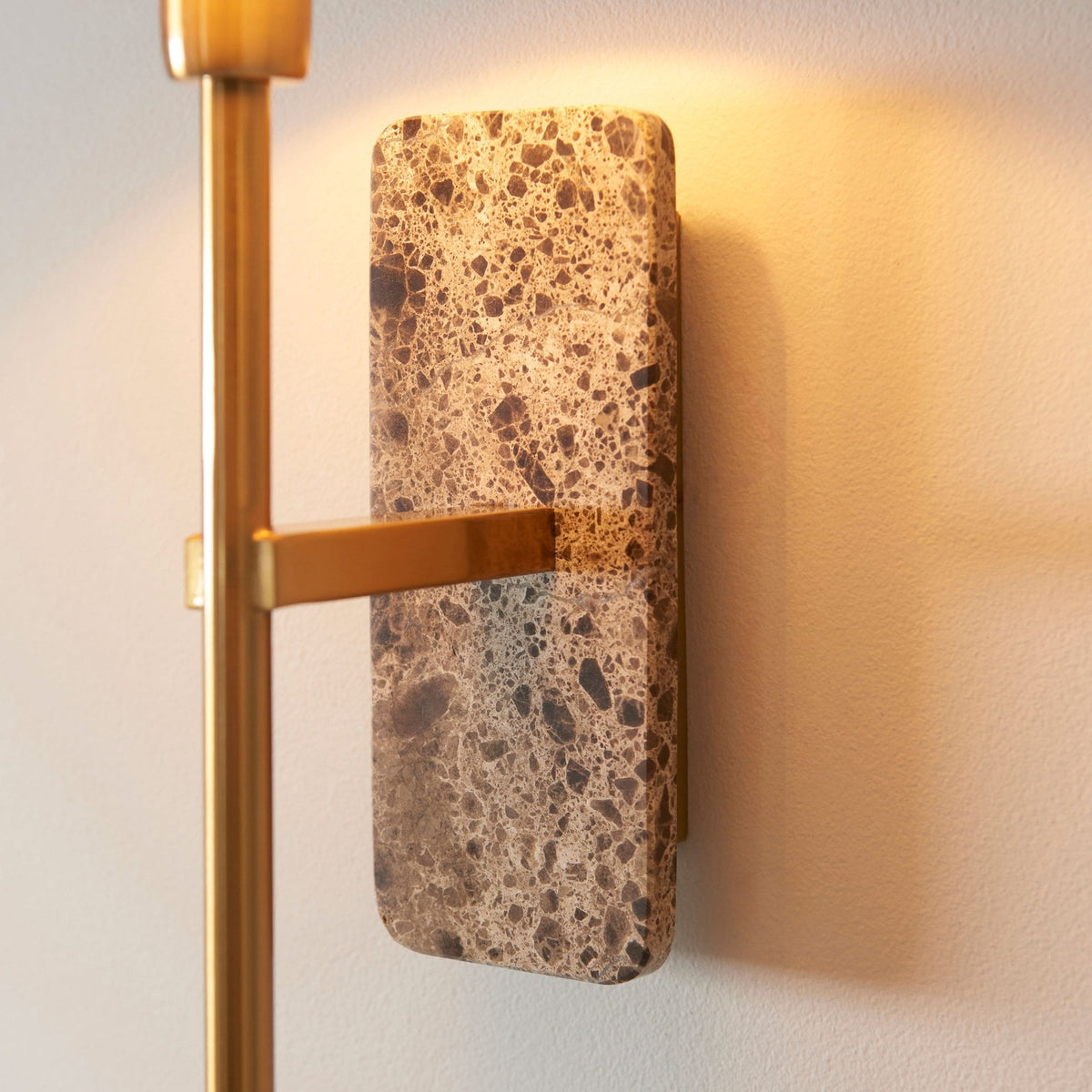 Faro Wall Light in Vintage Brass & Emperador Brown Marble with Tapered Fabric Shade