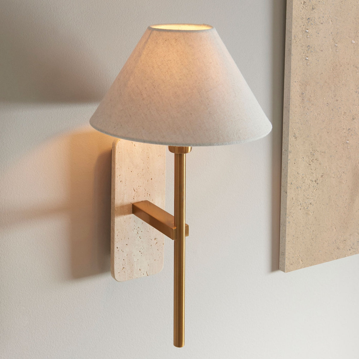 Faro Wall Light in Vintage Brass & Natural Travertine Stone with Tapered Fabric Shade