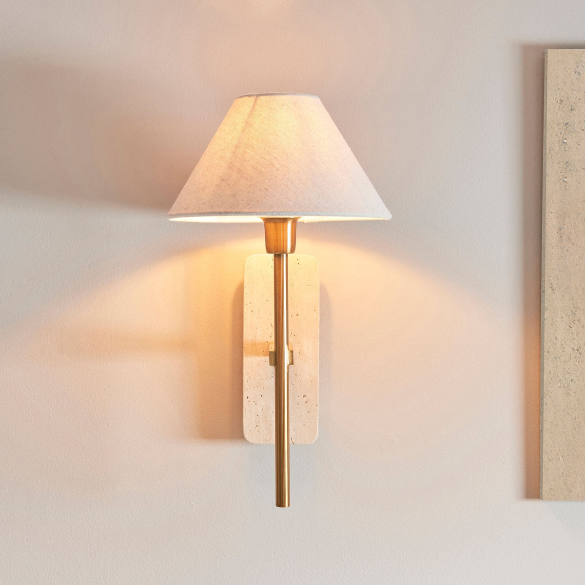 Faro Wall Light in Vintage Brass & Natural Travertine Stone with Tapered Fabric Shade