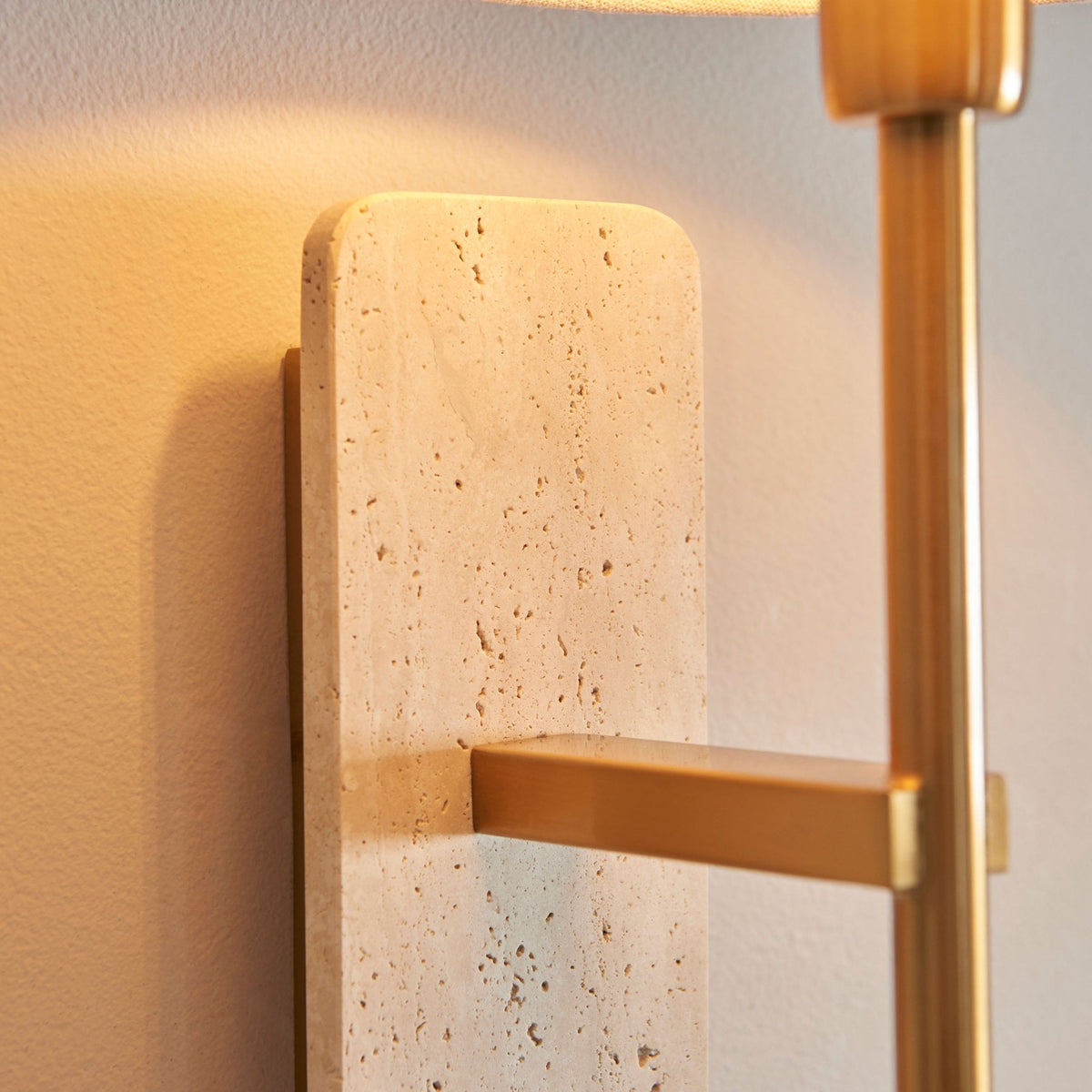 Faro Wall Light in Vintage Brass & Natural Travertine Stone with Tapered Fabric Shade
