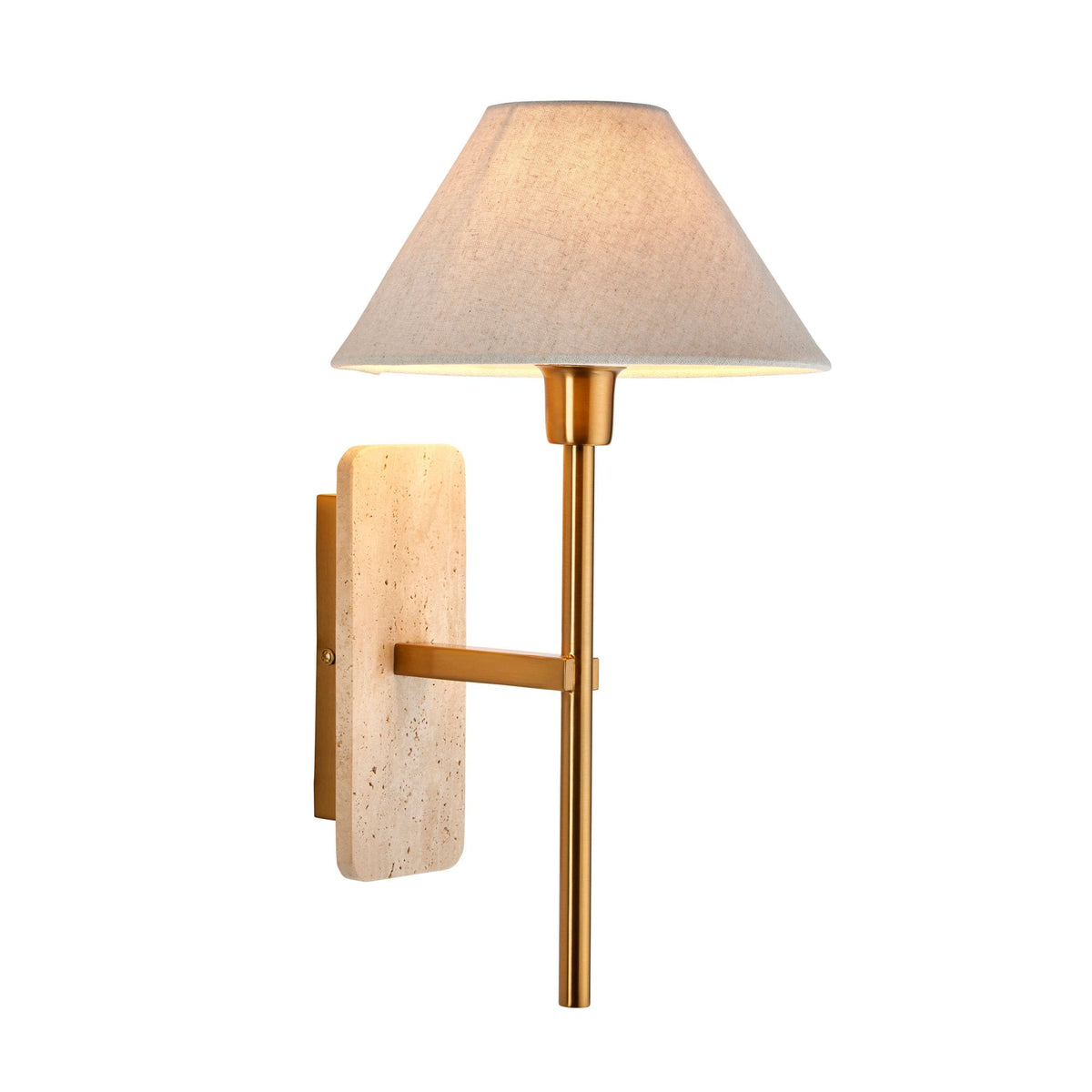 Faro Wall Light in Vintage Brass & Natural Travertine Stone with Tapered Fabric Shade