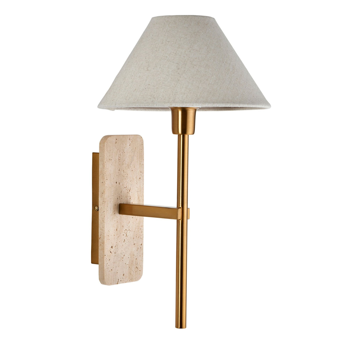 Faro Wall Light in Vintage Brass & Natural Travertine Stone with Tapered Fabric Shade