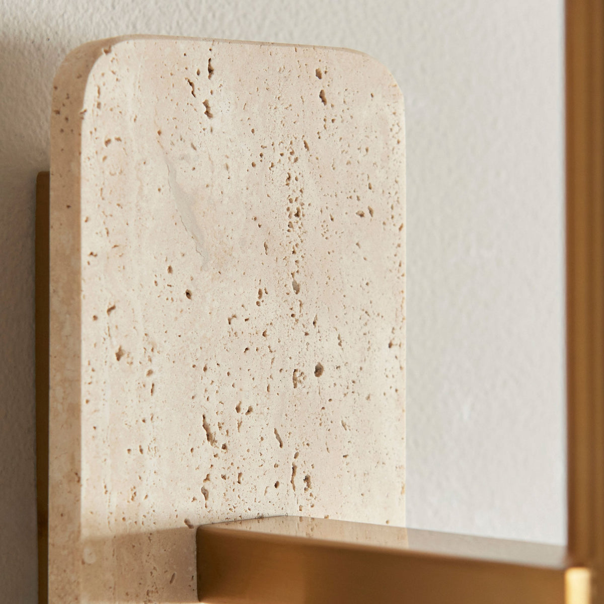 Faro Wall Light in Vintage Brass & Natural Travertine Stone with Tapered Fabric Shade