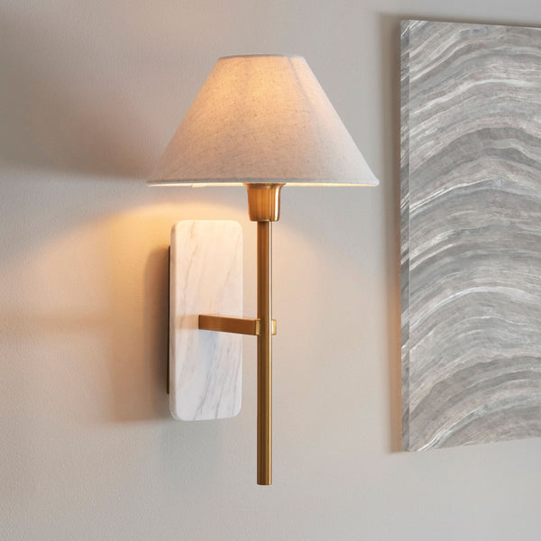 Faro Wall Light in Vintage Brass & White Volakas Marble with Tapered Fabric Shade