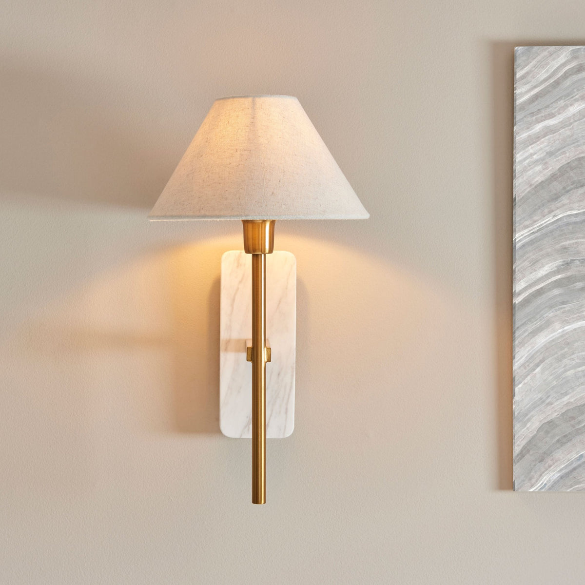 Faro Wall Light in Vintage Brass & White Volakas Marble with Tapered Fabric Shade