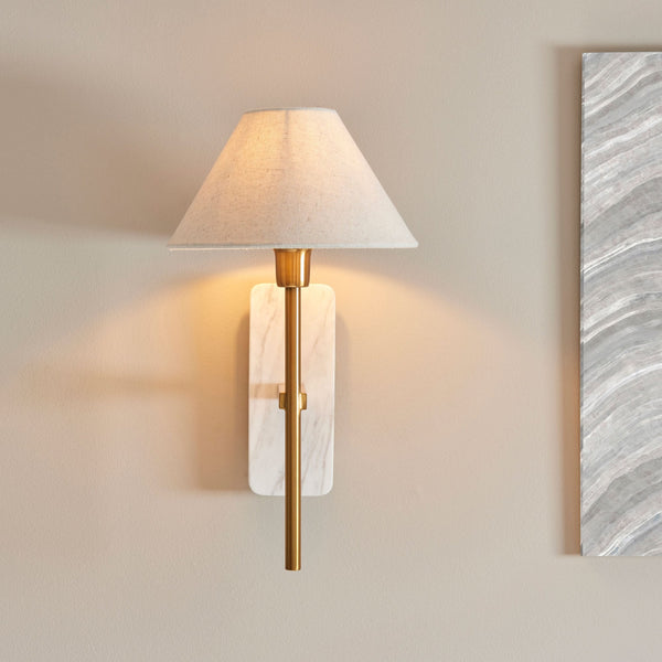 Faro Wall Light in Vintage Brass & White Volakas Marble with Tapered Fabric Shade
