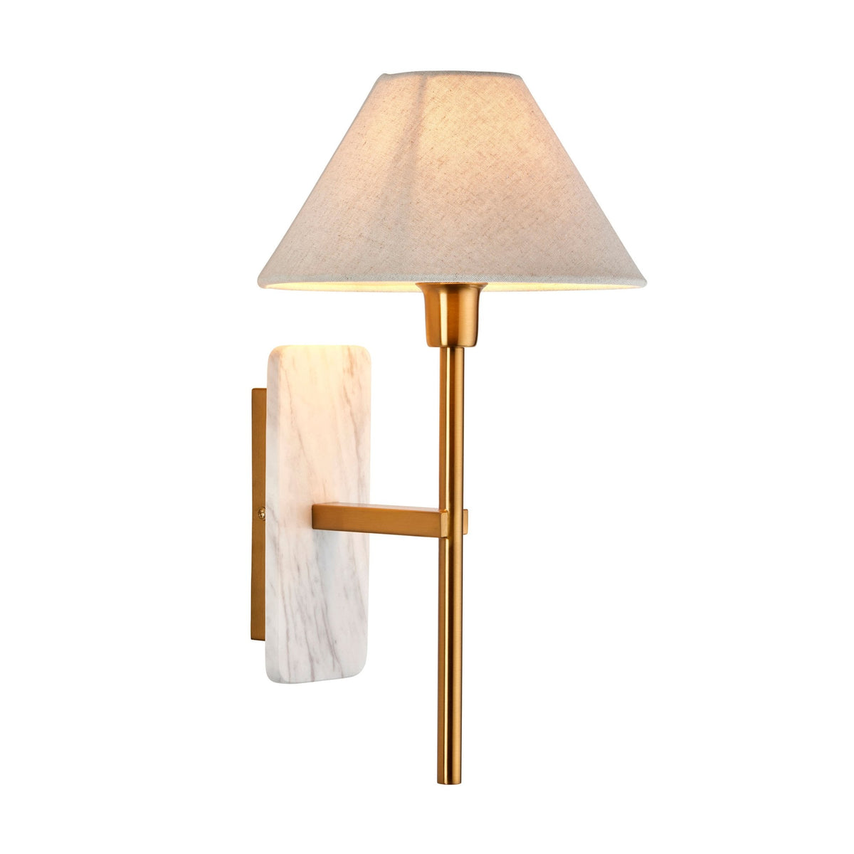 Faro Wall Light in Vintage Brass & White Volakas Marble with Tapered Fabric Shade
