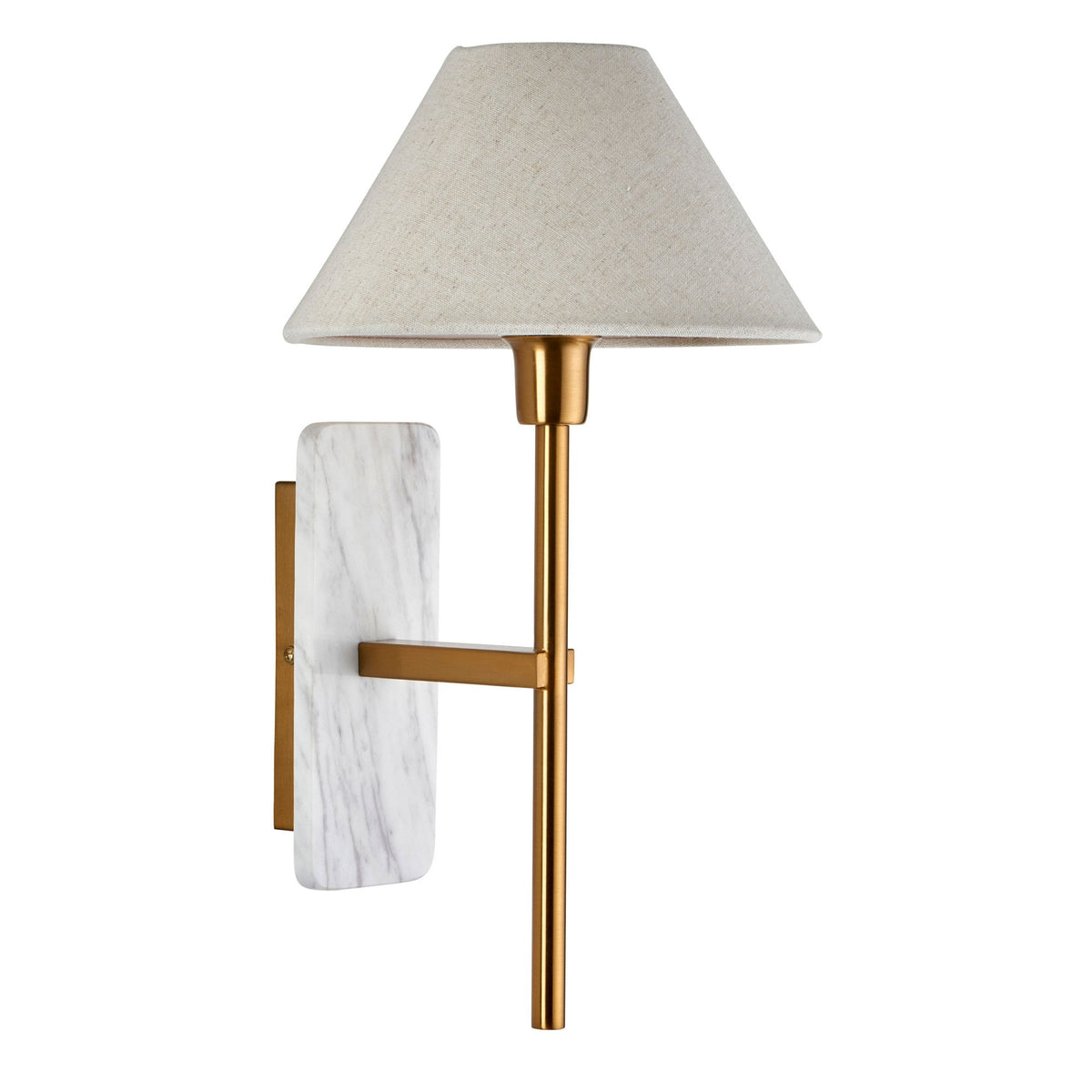 Faro Wall Light in Vintage Brass & White Volakas Marble with Tapered Fabric Shade