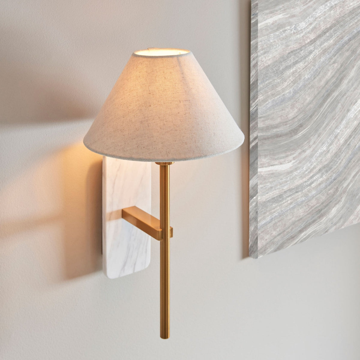 Faro Wall Light in Vintage Brass & White Volakas Marble with Tapered Fabric Shade