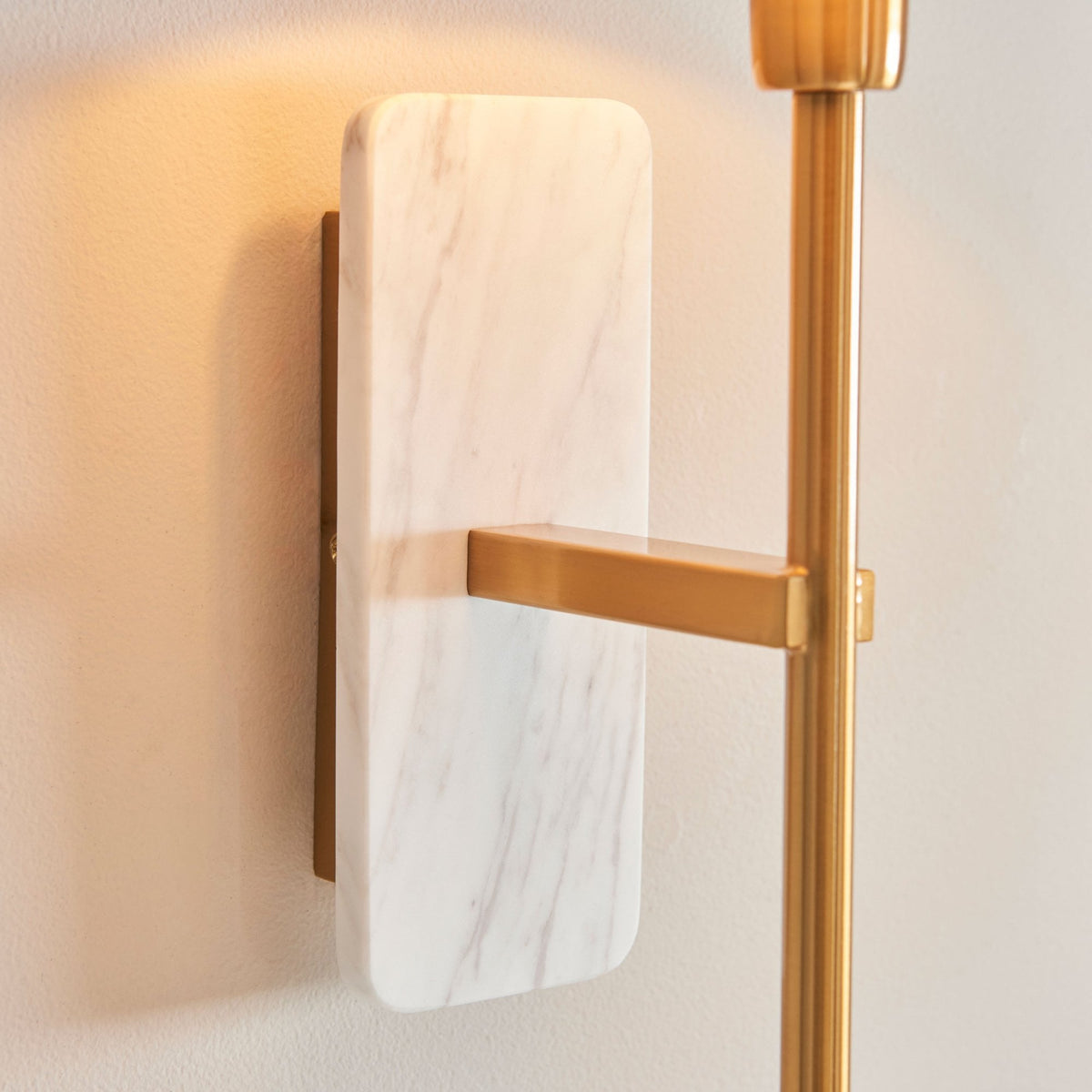 Faro Wall Light in Vintage Brass & White Volakas Marble with Tapered Fabric Shade