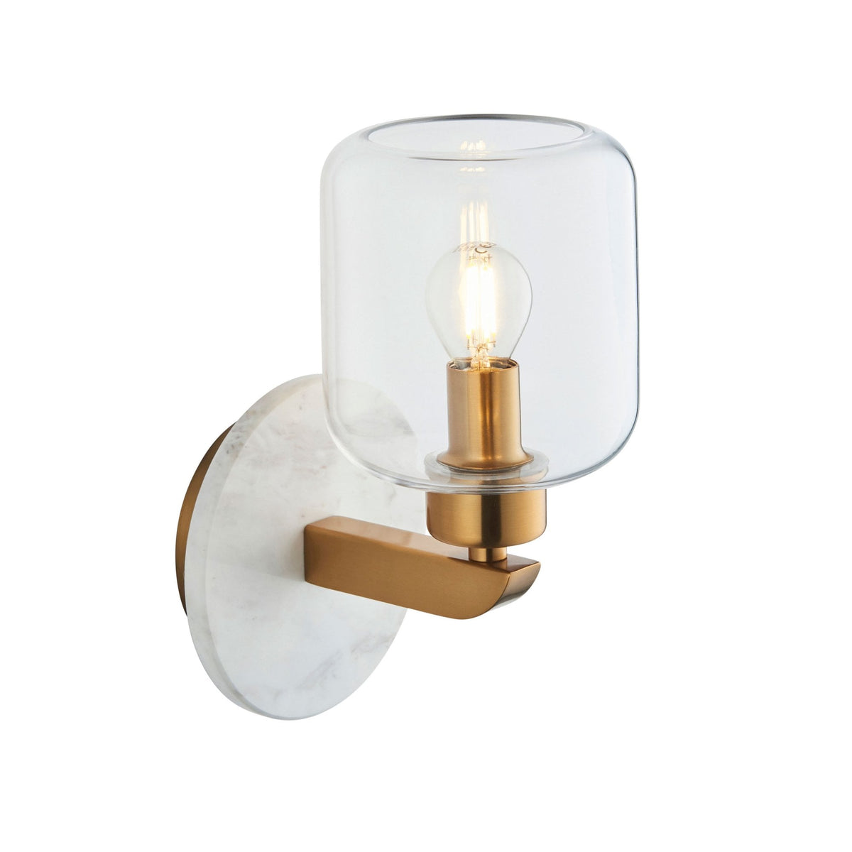 Travi Wall Light in Vintage Brass & White Volakas Marble with Clear Glass Shade