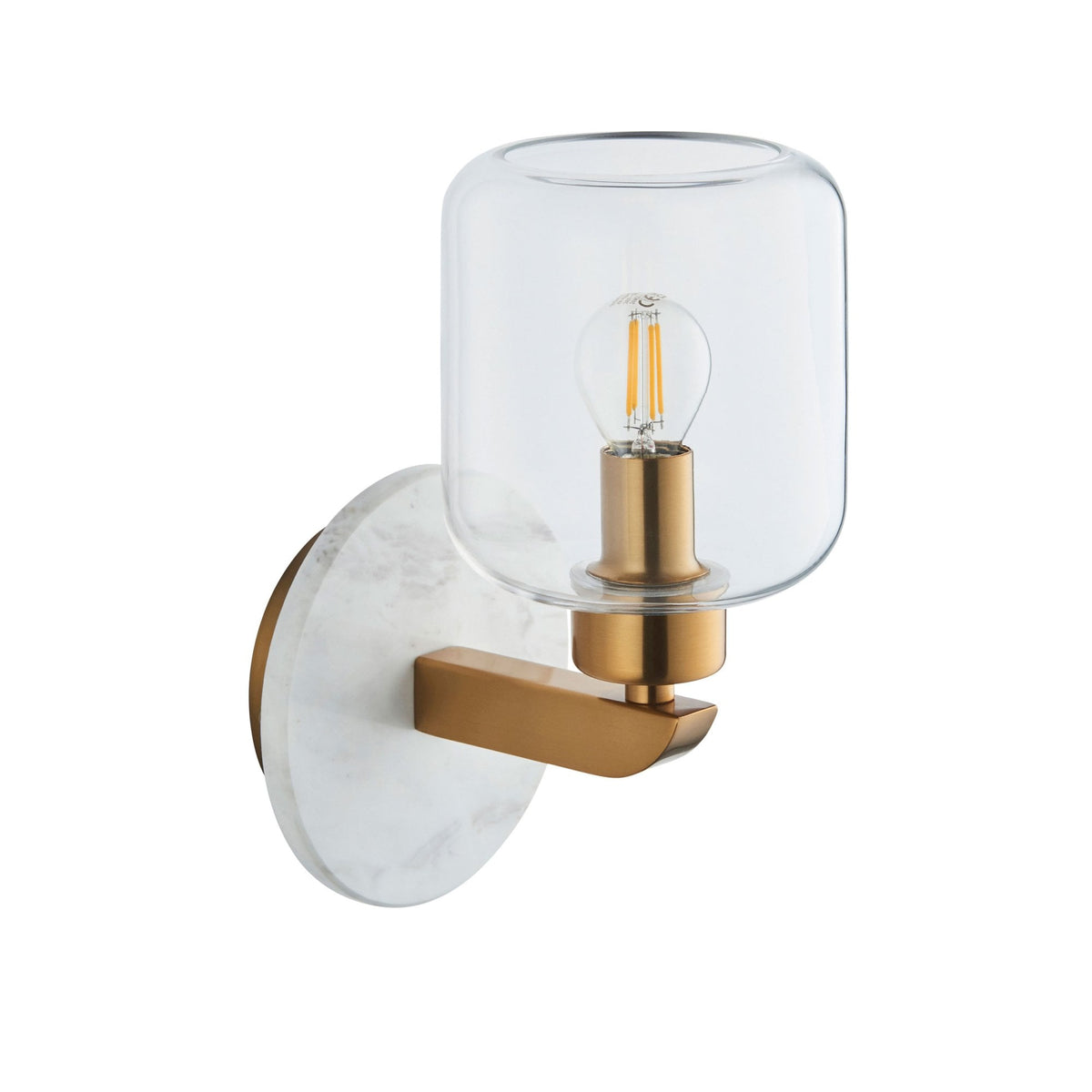 Travi Wall Light in Vintage Brass & White Volakas Marble with Clear Glass Shade